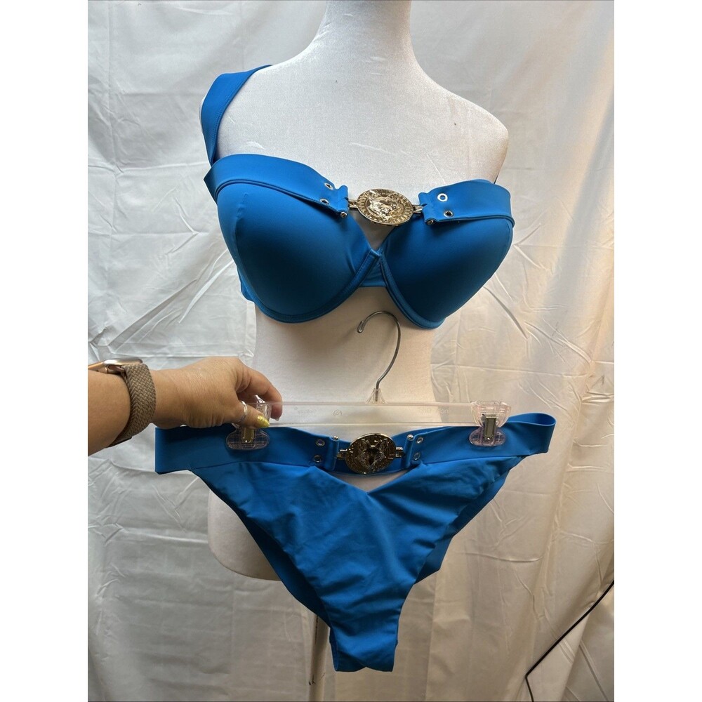 Honey Birdette Brooklyn Blue Bikini Set 36H XL Gold Fox Medallion Swimwear